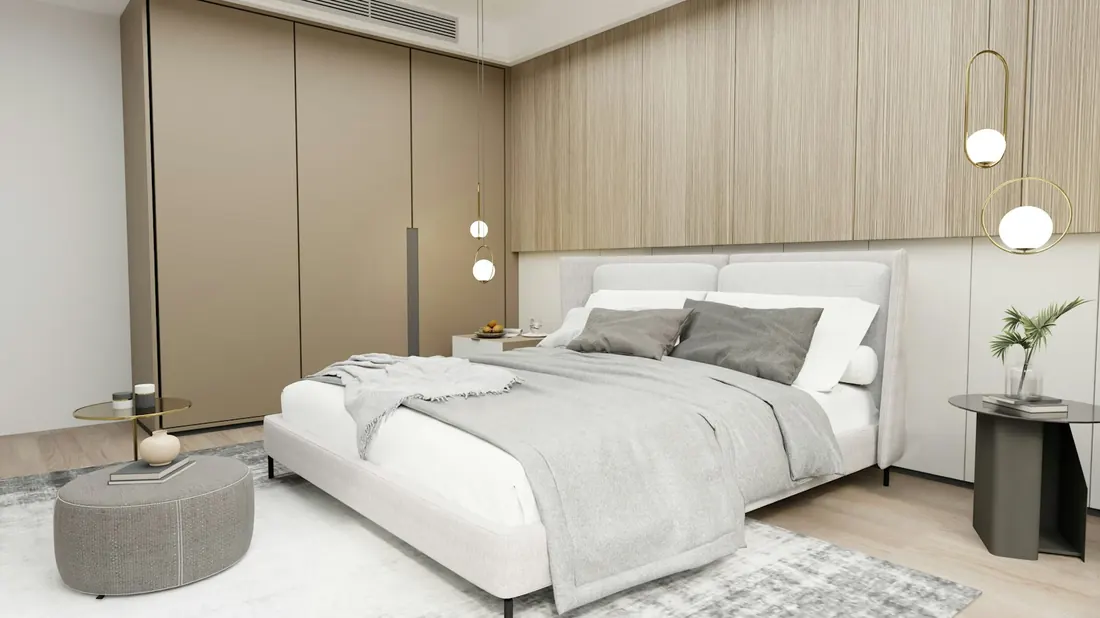 Chambre avec grand lit et linge blanc